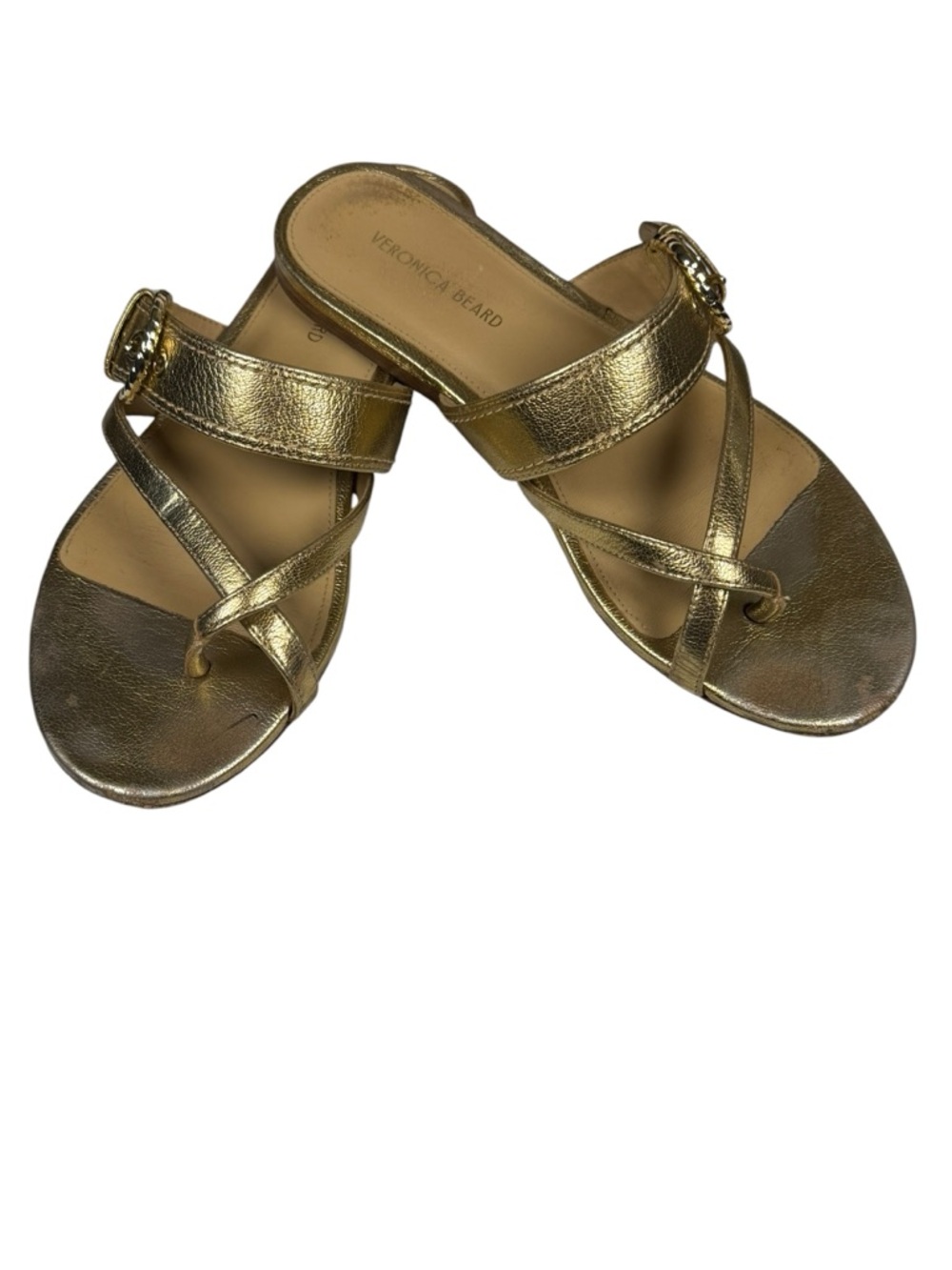 Veronica Beard Gold Metallic Leather Buckle Flat Strappy Thong Sandals 6.5